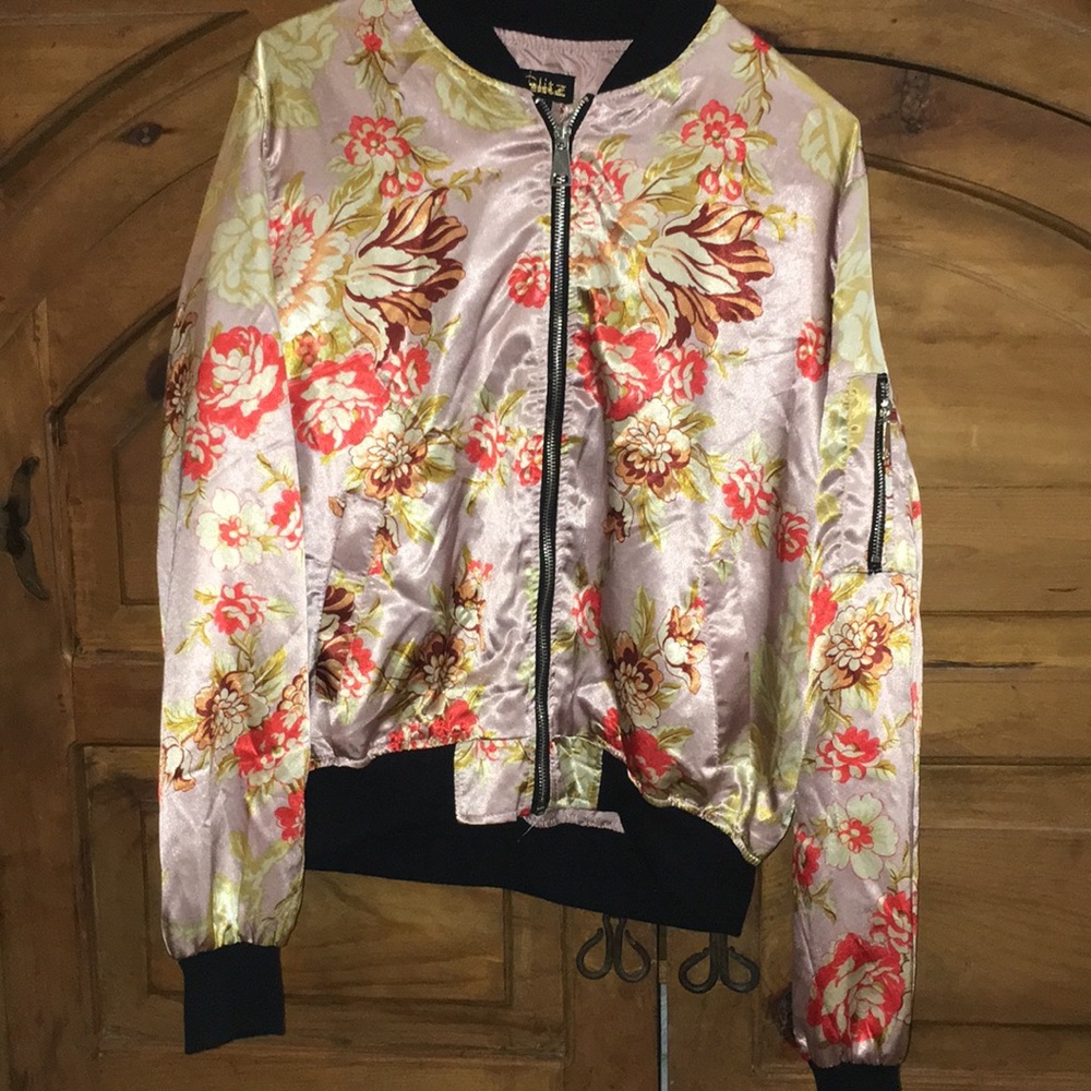 Floral silk like zipper jacket NWT